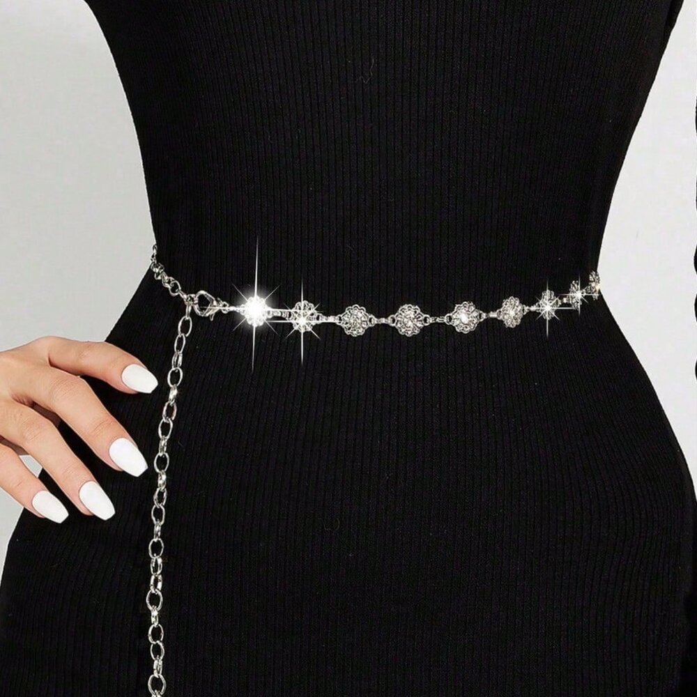 Floral Crystal Sparkle Silver Waist Chain Bridal Boho